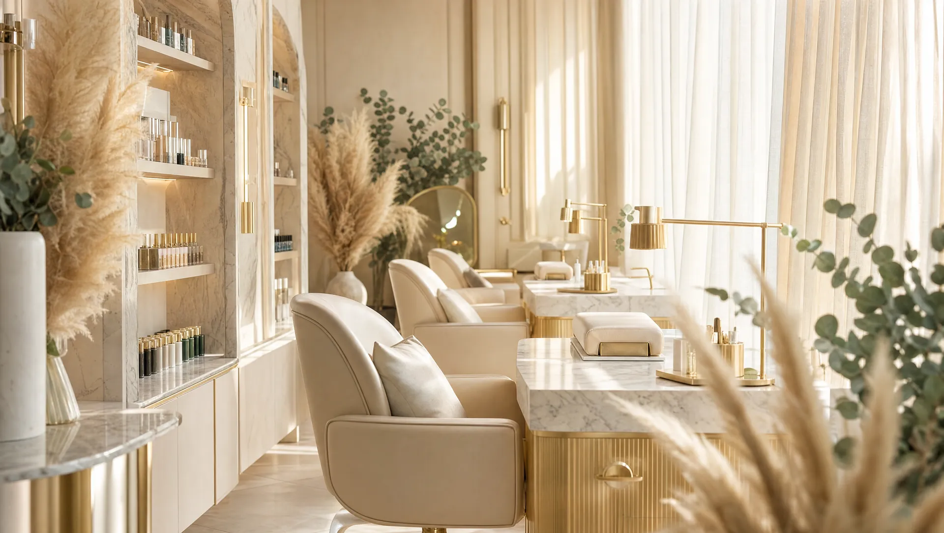 Interior del salón N&C Beauty en tonos crema y oro
