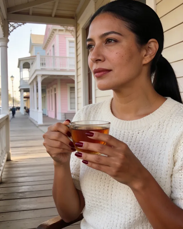 Imagen referencial: mujer con cola pulida tomando té en una terraza de madera