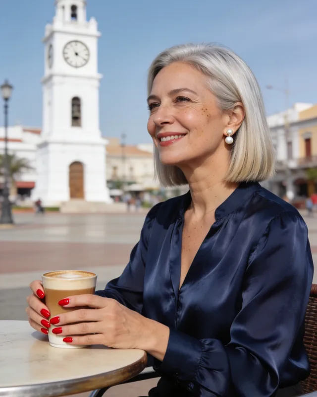 Imagen referencial: mujer con corte bob plateado tomando café en una plaza
