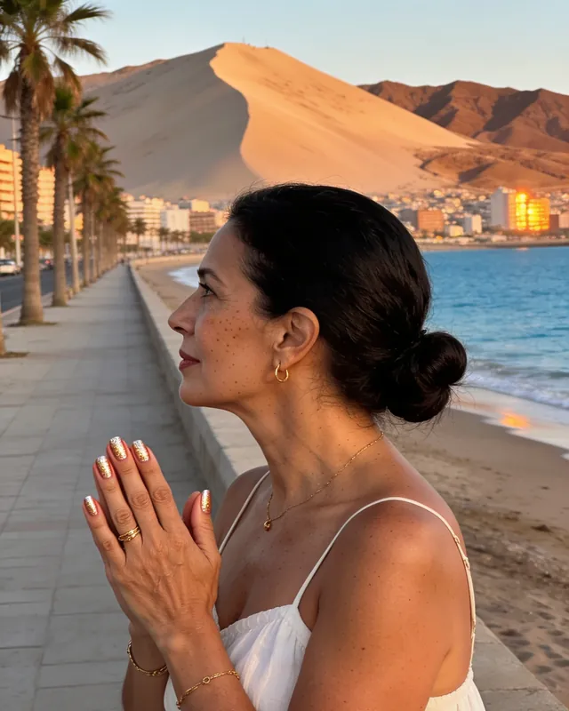 Imagen referencial: mujer con moño bajo mirando el mar al atardecer