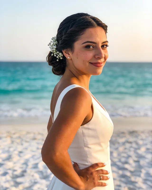 Imagen referencial: novia con peinado recogido y flores en la playa