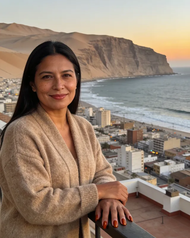 Imagen referencial: mujer de pelo negro largo en una terraza al atardecer