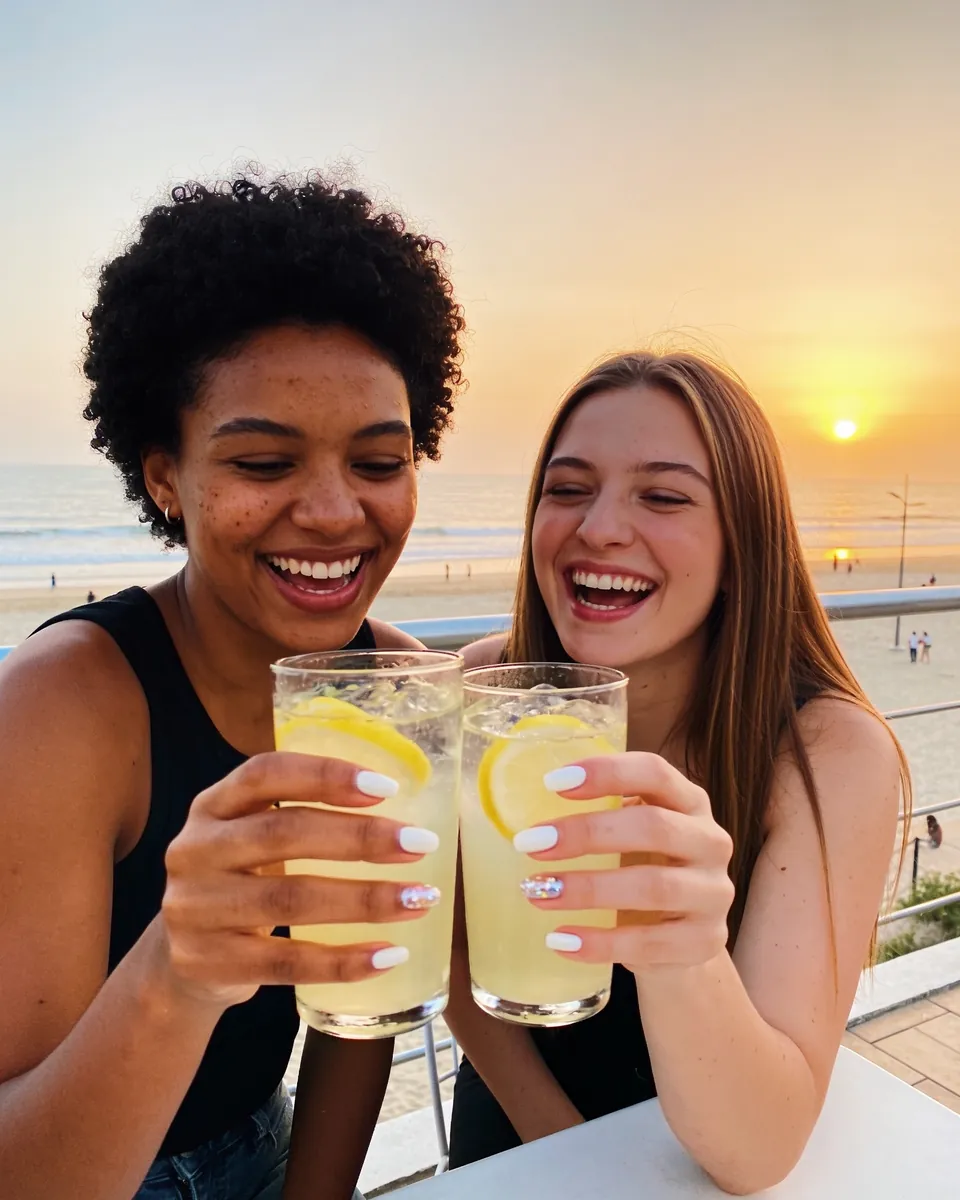 Imagen referencial: dos amigas riendo y brindando en una terraza frente al mar al atardecer